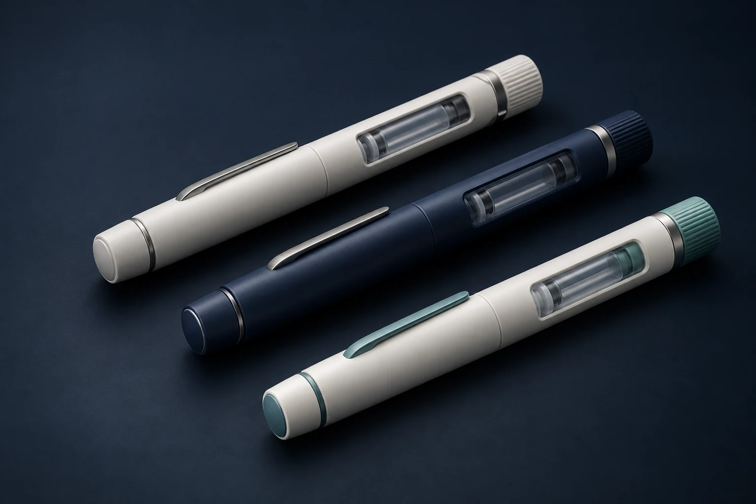 Concept illustration of three unbranded injection pens in ivory, navy and teal